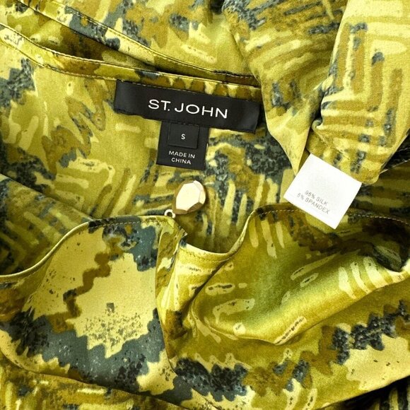 St. John Green Patterned Print Stretch Silk Sleeveless Drape Neck Top Blouse S - Picture 4 of 4